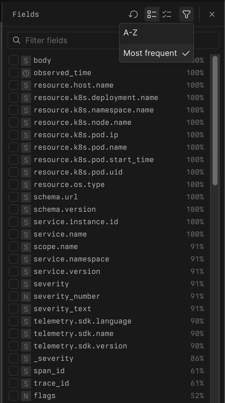 Fields sidebar with sorting by frequency